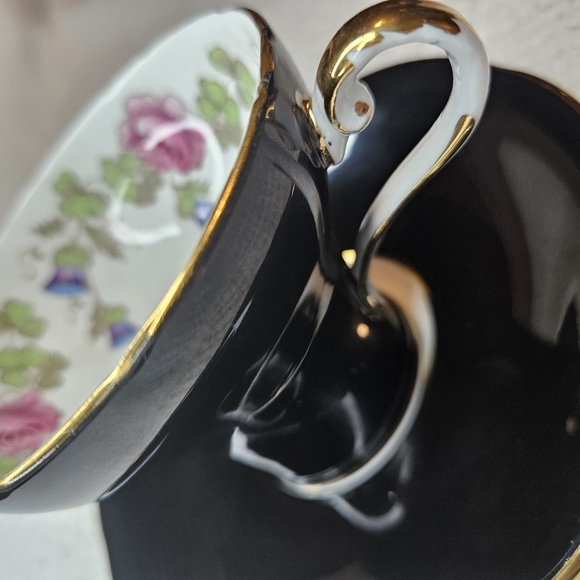 Ansley England Tea Cup and Saucer BLACK Floral Flowers Floral Design Teacup - Picture 3 of 16